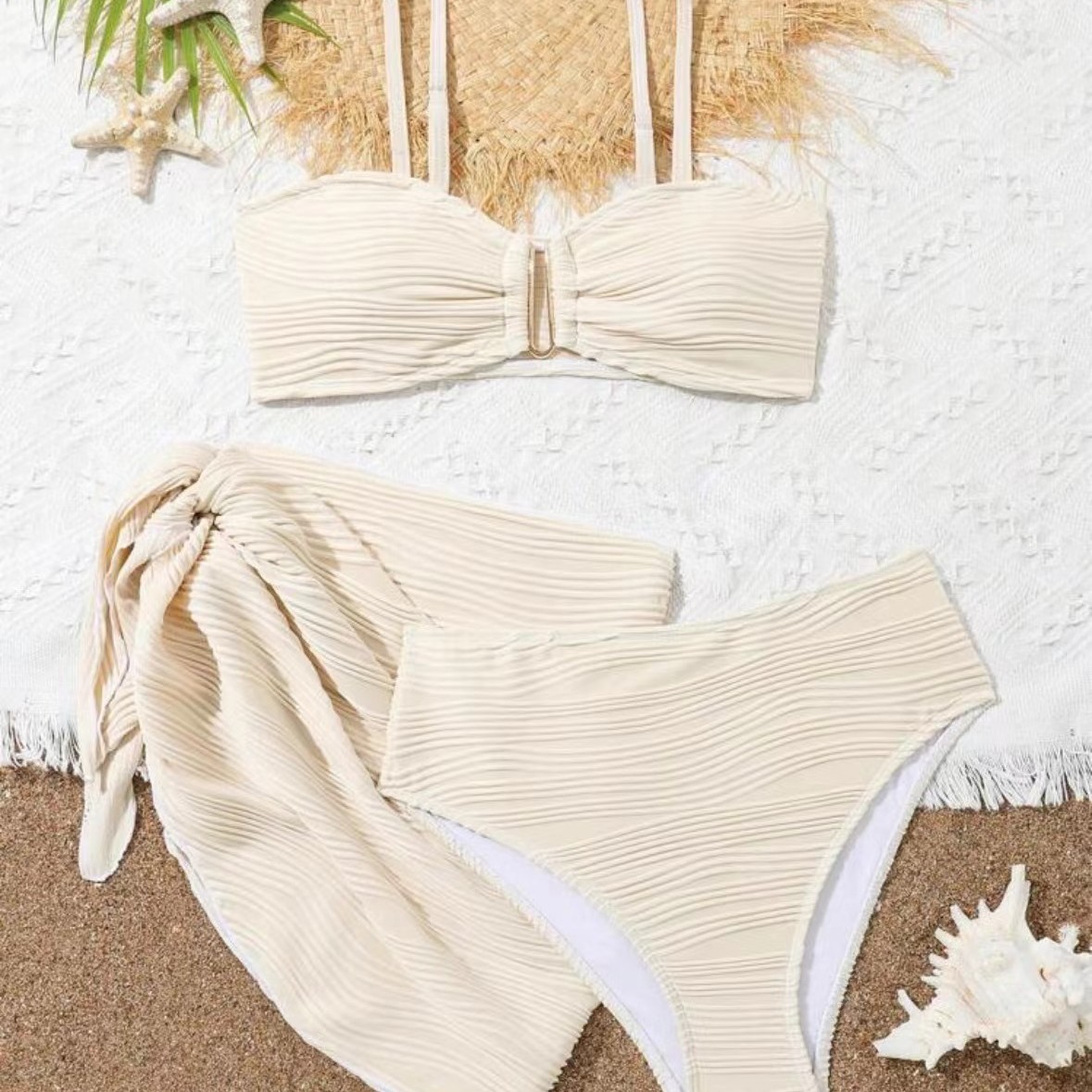 Abbigliamento donna Costume da bagno bikini a tre pezzi sexy da donna, in poliestere ad asciugatura rapida, copertura moderata, ideale per la spiaggia e la piscina._voghion.com