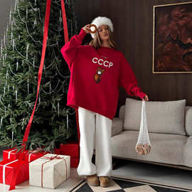 亚马逊欧美秋冬新款CCCP卫衣女款复古宽松长袖圆领套头松弛感外套