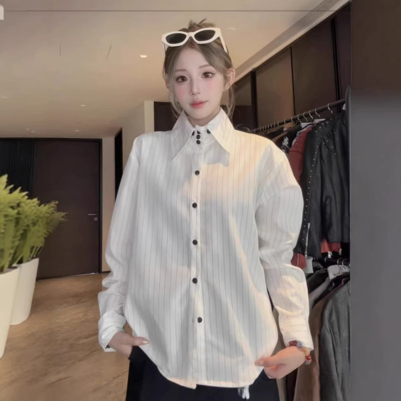Designed Striped High-Neck Pointed Collar Shirt for Men and Women, Suitable for Spring and Autumn, Versatile for Commuting, Casual Long-Sleeve Shirt Jacket