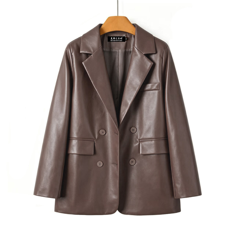 Vintage Brown Pu Leather Blazer for Women 2026 Spring and Autumn New Style Loose Fit Slimming Versatile Biker Leather Jacket for Women Vintage Brown Pu Leather Blazer for Women 2026 Spring and Autumn New Style Loose Fit Slimming Versatile Biker Leather Jacket for Women