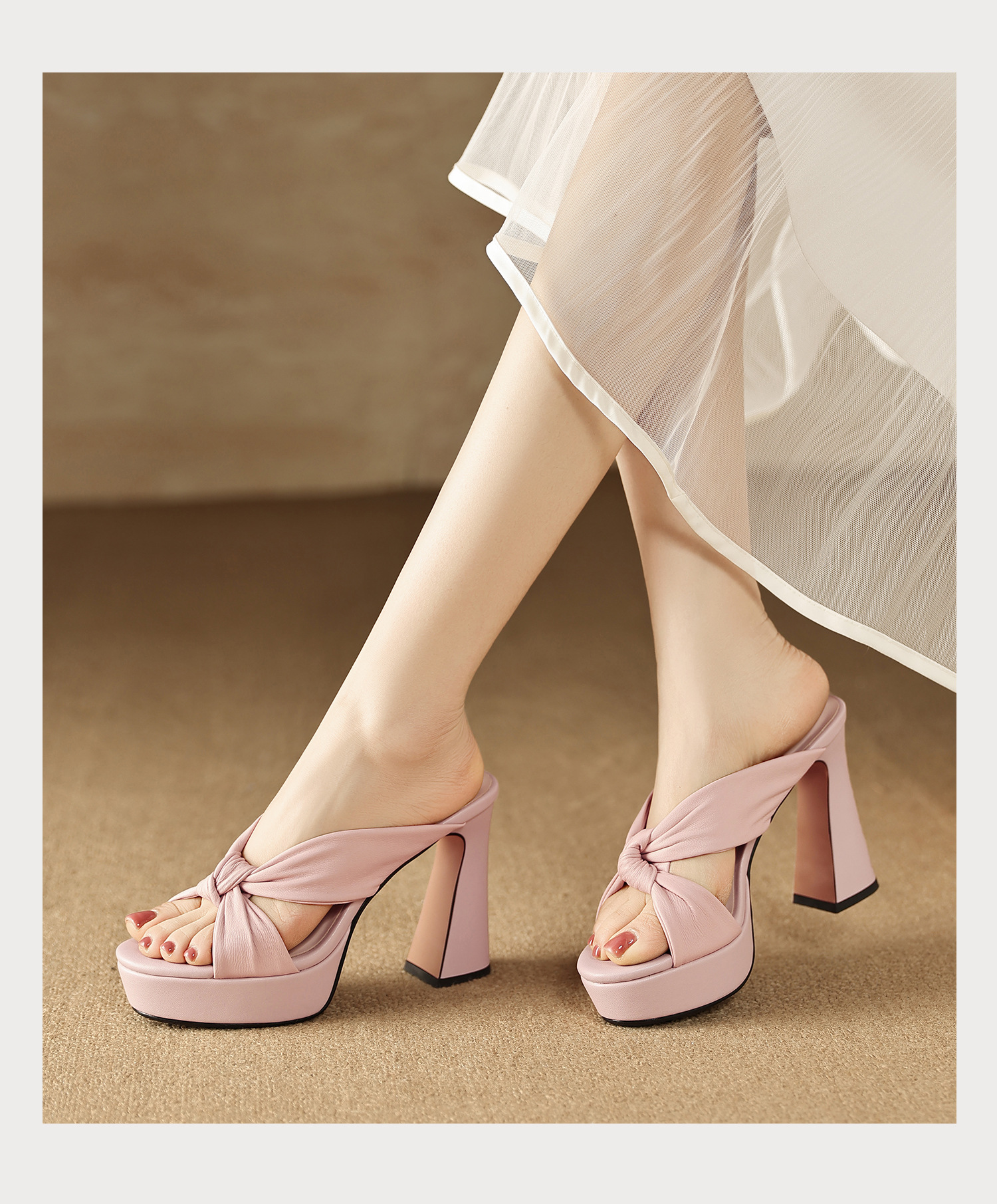 Sandal cao gót nữ mũi hở da cừu mềm, đế xuồng platform, gót vuông 8-10cm, nơ bướm — Hồng 8cm, Xanh da trời 10cm, Hồng 10cm, Trắng kem 8cm chi tiết 13