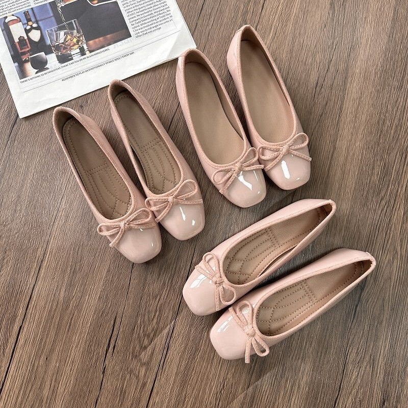 Women's Shoes for Petite Individuals with Hidden Height Increase, French-Style Bowknot, Patent Leather, Square Toe, Flat Shoes, Evening Shoes, Boat Shoes, Light Pink Single Shoes Women's Shoes for Petite Individuals with Hidden Height Increase, French-Style Bowknot, Patent Leather, Square Toe, Flat Shoes, Evening Shoes, Boat Shoes, Light Pink Single Shoes
