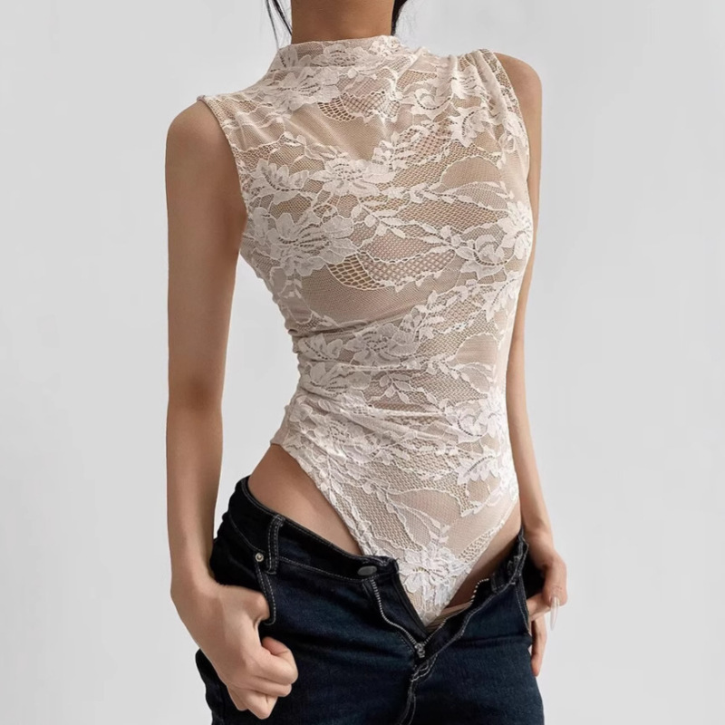 European and American Women's Half-high Collar Sleeveless Lace Slim-fit 2025 Spring Double Lace Hollow-out Vest for Women