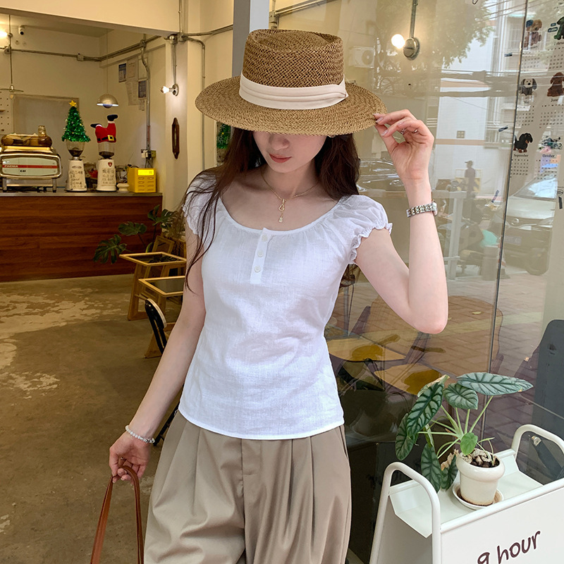 Special Wholesale Retro Ramie Sweet Puff Sleeve Slim Short-Sleeved T-Shirt Feminine Summer New Style Unique and Chic