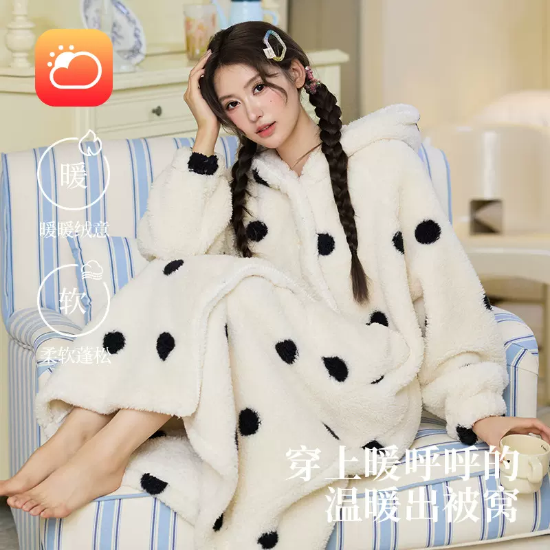 新款秋冬季珊瑚绒加厚睡衣女连帽羊羔绒中长款睡袍外穿家居服浴袍