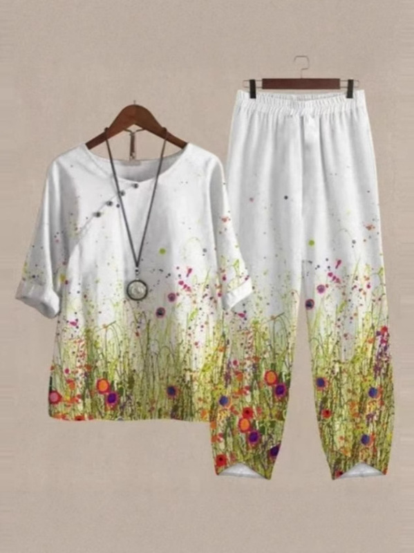 European and American cross-border women's casual suit, popular fashion wear, new summer style, two-piece set with printed top and pants with three-quarter sleeves European and American cross-border women's casual suit, popular fashion wear, new summer style, two-piece set with printed top and pants with three-quarter sleeves