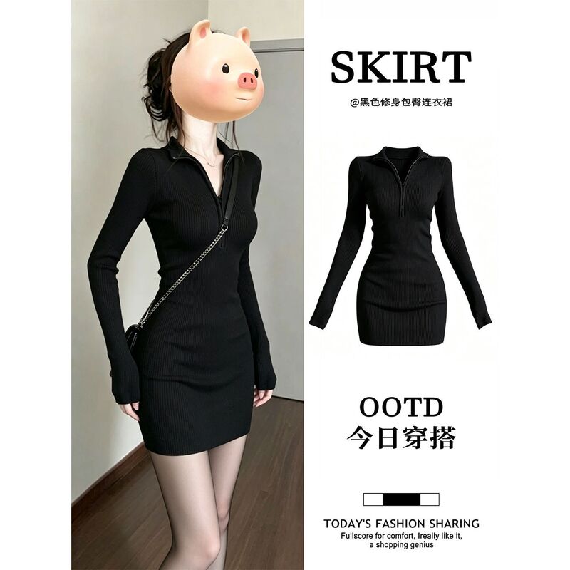 Black tight-fitting bodycon dress for women, short style for early autumn, paired with a short skirt under a coat, a stylish outfit for a hot girl Black tight-fitting bodycon dress for women, short style for early autumn, paired with a short skirt under a coat, a stylish outfit for a hot girl