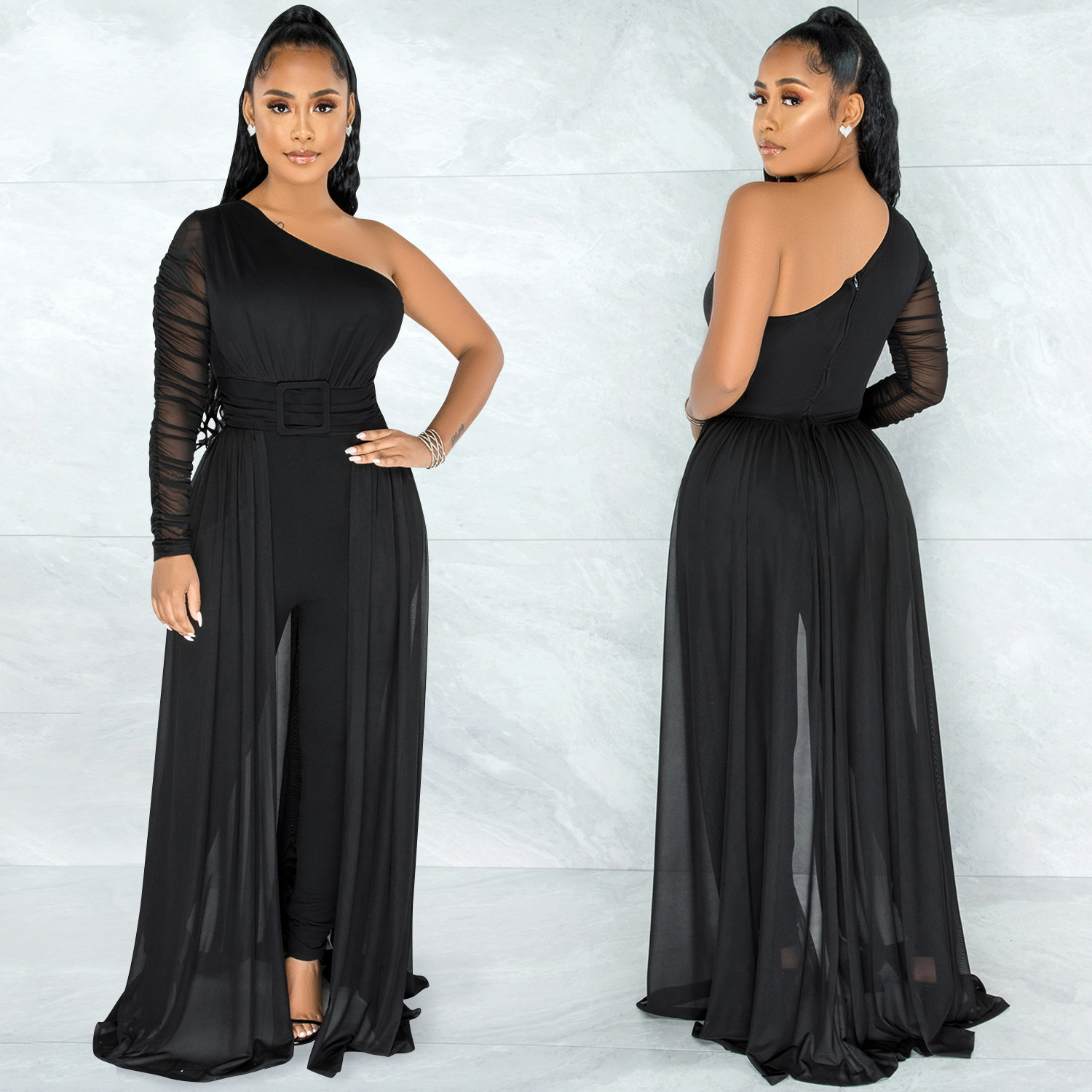 X5675 transfronterizo AliExpress deseo color sólido sexy malla ver-a través de un hombro oblicuo collar pantalones de manga larga Mono para las mujeres image 2