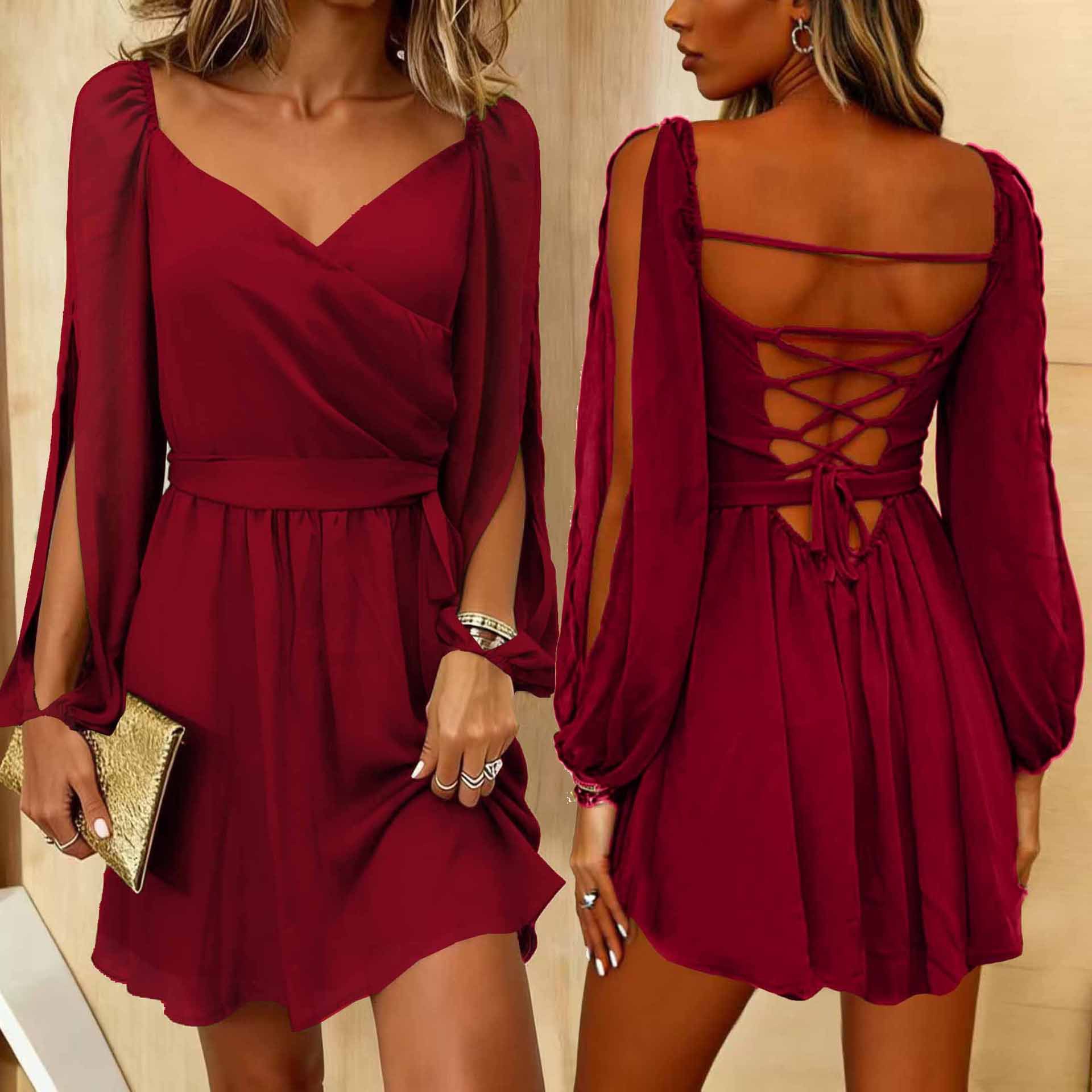 2026 European And American Cross-border Independent Site Elegant Sexy Casual Vacation Backless Lace-up Dress_ecoleips.com