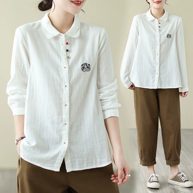 3132 белая рубашка женский 2024 весенний новый дизайн кошка вышивка свободная тонкая внутренняя рубашка