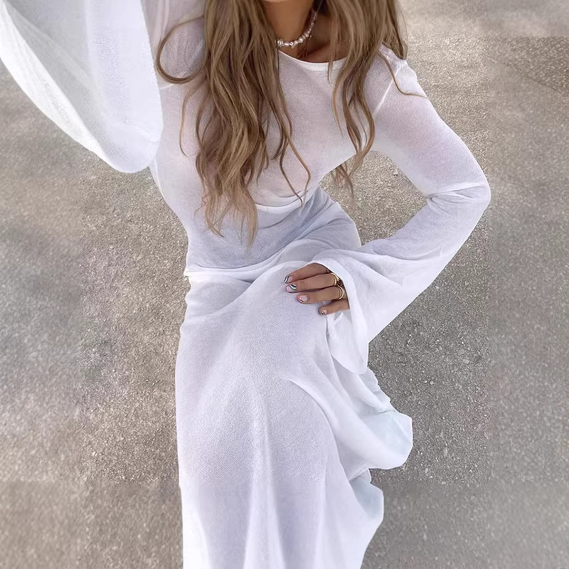 2026 Beach Vacation Cover-Up Dress Long Slim Fit Sexy Backless Dress See-Through Sun Protection Solid Color High-Waisted Dress 2026 Beach Vacation Cover-Up Dress Long Slim Fit Sexy Backless Dress See-Through Sun Protection Solid Color High-Waisted Dress
