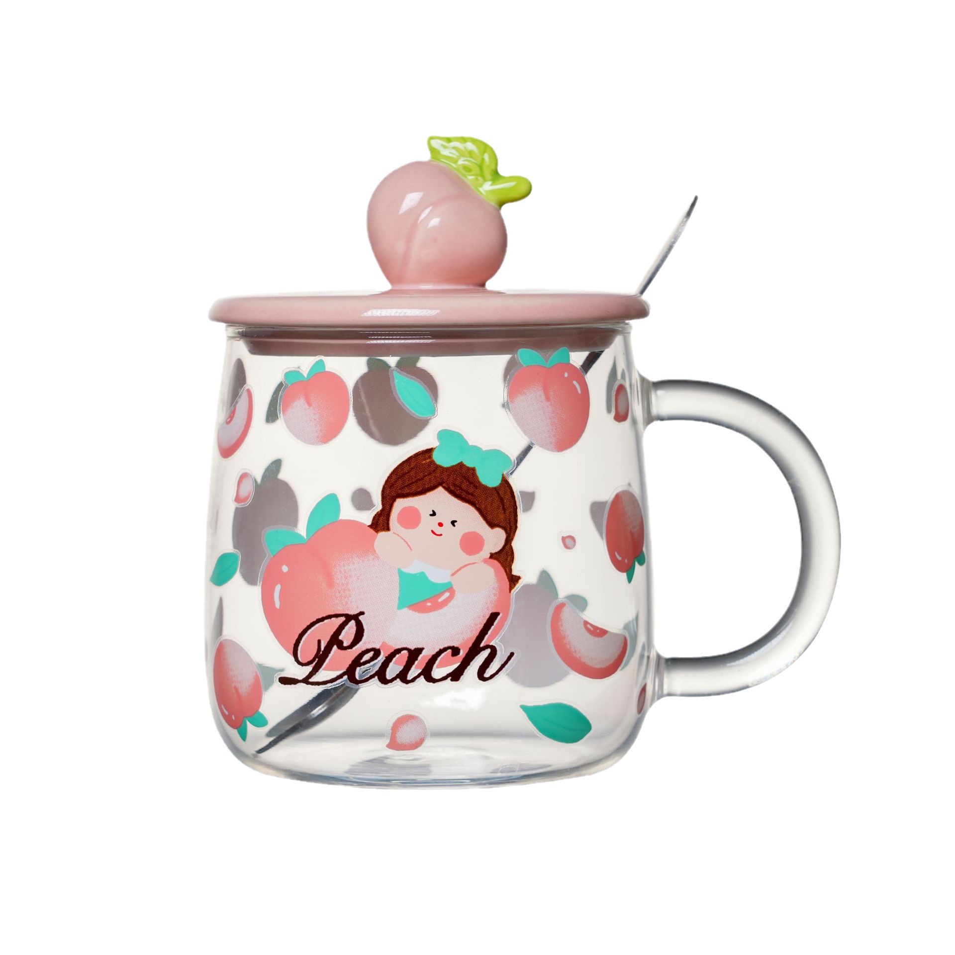 Creativa Rosa Melocotón Chica de vidrio con tapa cuchara regalo personalizado taza de agua estudiante taza de café taza de alta apariencia