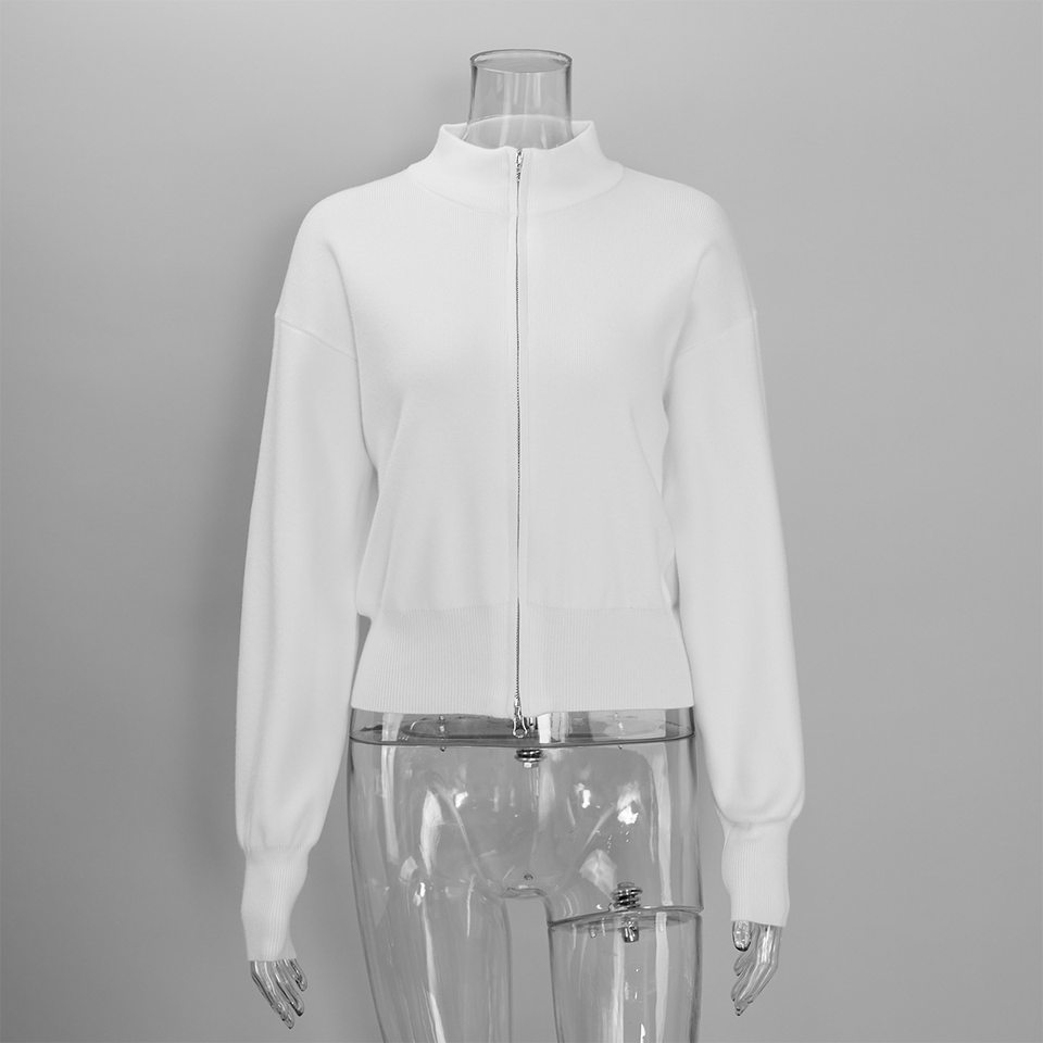 Áo khoác cardigan len dệt kim cổ đứng khóa kéo hai chiều dài tay — Màu nâu cà phê, Màu trắng, màu đen, màu đỏ chi tiết 44