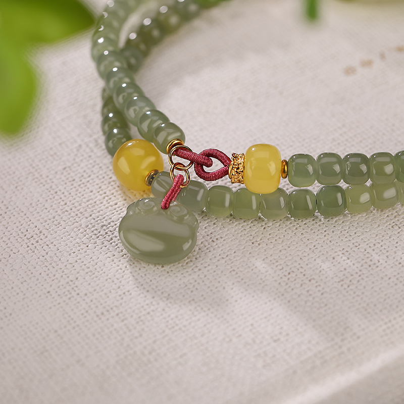 Vòng tay hai lớp bạc S925 mạ vàng kết hợp hạt ngọc bích và đá sapphire, charm Ruyi khí chất — Một chiếc