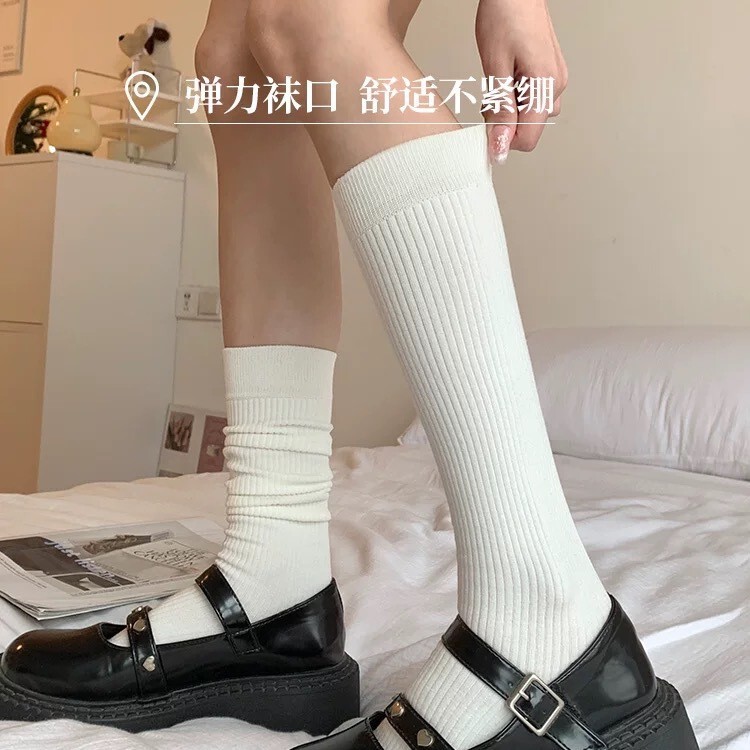 White Knee-High Stockings, Summer Slimming Thin Mid-Calf Cotton Socks, Knitted Breathable Jk Calf Socks, Pure Desire Slouch Socks