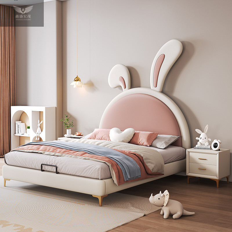 Cama de cuero de conejo de dibujos animados moderna y ligera Cama de niños Cama de princesa Cama de 1.2m Cama de almacenamiento