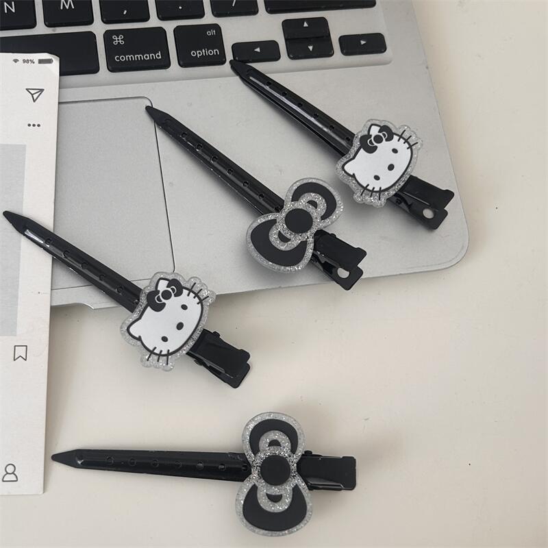 Black Fine Glitter Cat Bow Long Hair Clip Sweet and Cool Girly Duckbill Clip Girl Side Bangs Clip Hair Accessory