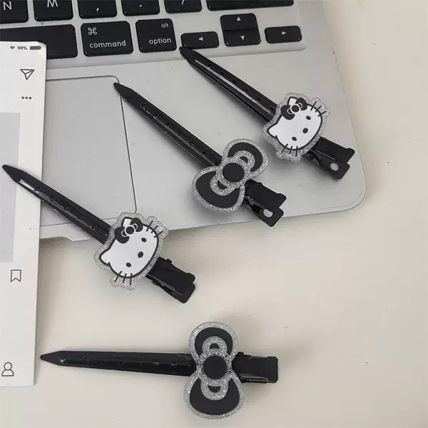 Black Fine Glitter Cat Bow Long Hair Clip Sweet and Cool Girly Duckbill Clip Girl Side Bangs Clip Hair Accessory