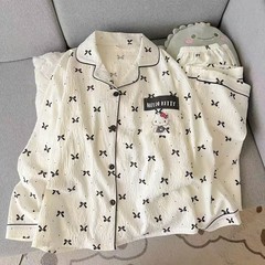 云朵棉三件套装夏季新款甜美可爱波点kt猫开衫翻领家居服女可外穿