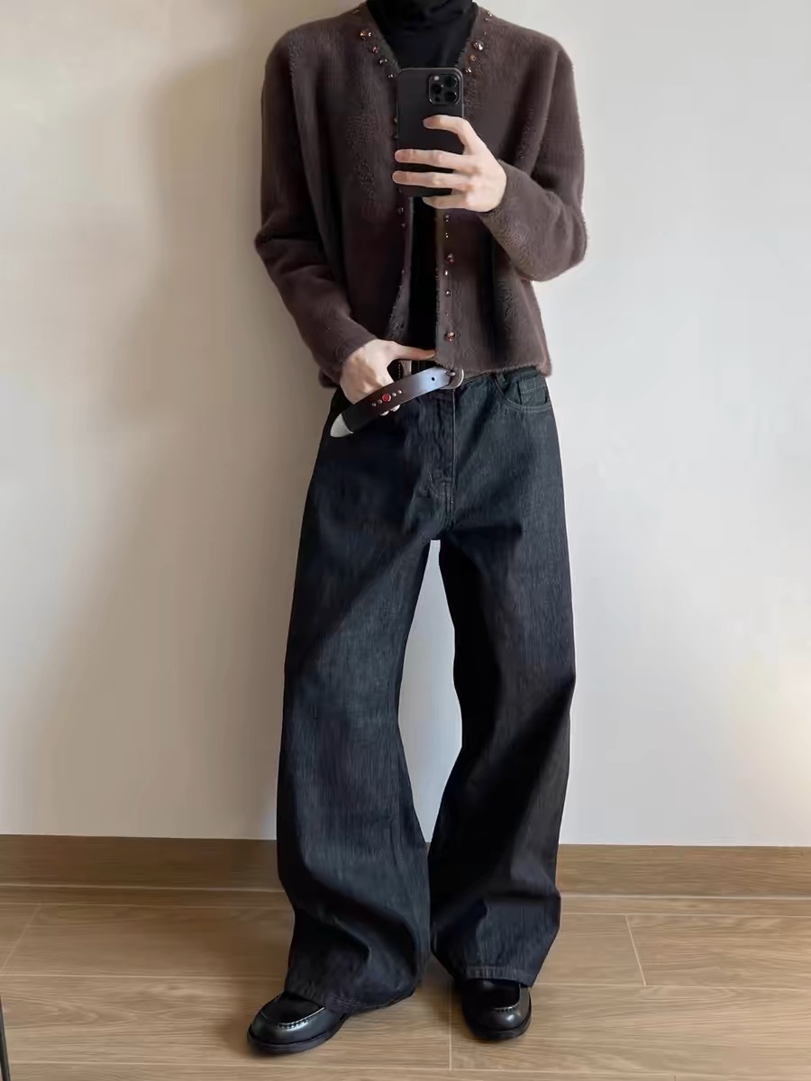 Vaqueros de mezclilla cruda de alta calidad, negros, con dobladillo rojo, corte estrecho, pierna recta, ligeramente acampanados, de corte ancho en A, resistentes y lavados.