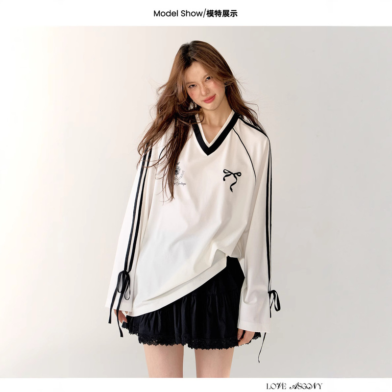 Asgony Blokette American Retro Sports Bow Jersey Loose V-Neck Versatile White Long-Sleeved Top