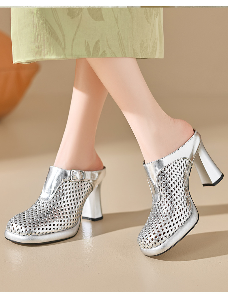 Sandal cao gót nữ mũi tròn đục lỗ, đế dày 8,5 cm, phong cách Âu Mỹ — màu vàng chi tiết 1