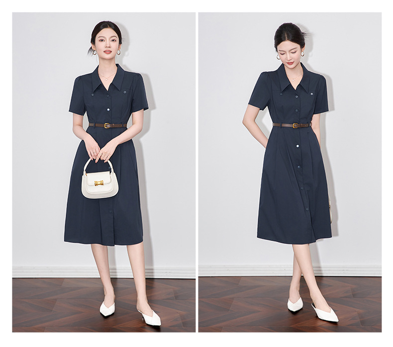 Váy liền kiểu áo sơ mi nữ cổ bẻ eo thon, dáng midi thanh lịch — Màu xanh navy chi tiết 14