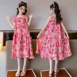 8914#女童儿童童裙碎花裙吊带连衣裙沙滩裙公主裙拼接长裙