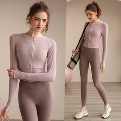 Women's New Yoga Clothes Long Sleeve Zipper Jacket Tight Autumn Winter Sports Running Professional Fitness Suit Set Bare Sensation