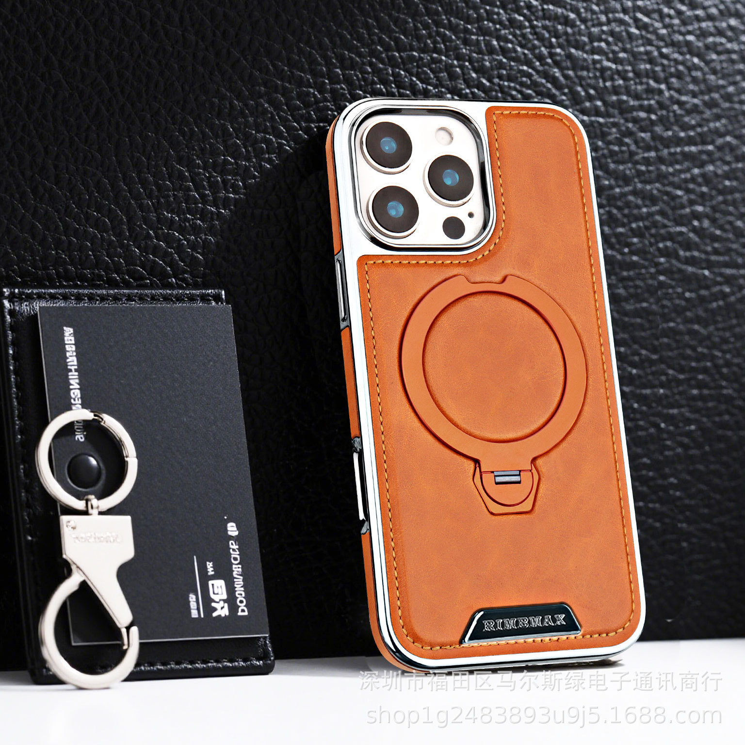 Ốp lưng da cao cấp cho iPhone 16, chống rơi, tích hợp giá đỡ từ tính xoay — Màu đen, Nâu thanh lịch, Nâu mocha, Màu xám chi tiết 9