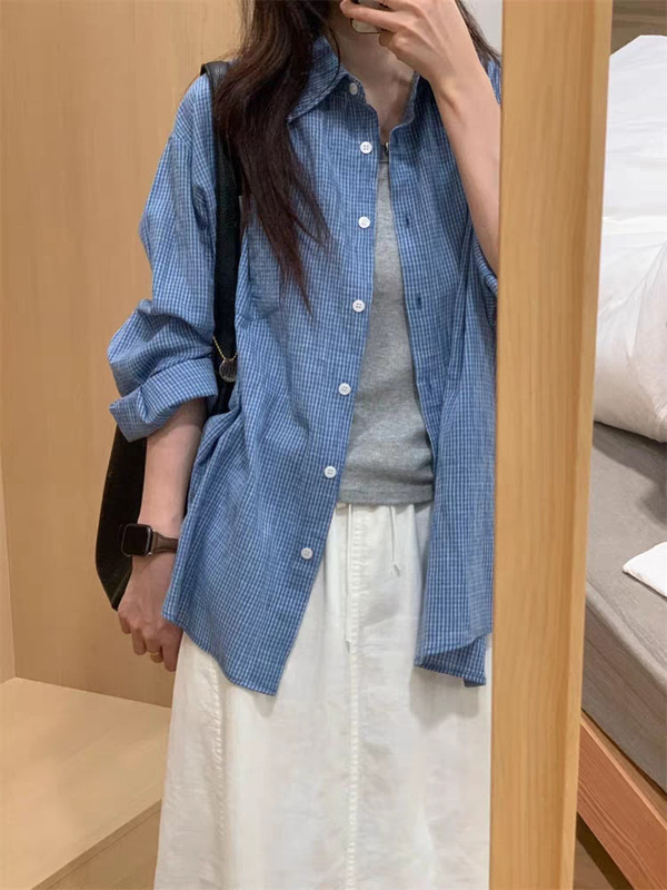 韩系蓝色格子长袖防晒衬衫外套女夏季新款宽松百搭慵懒风外搭上衣|undefined