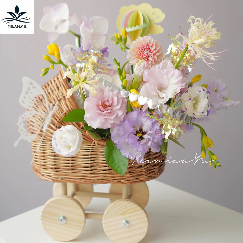 Cestas de huevos de la luna tejidas a mano, carrito de bebé, cestas de flores de sauce, cestas de flores de diseño de flores, cestas de flores DIY