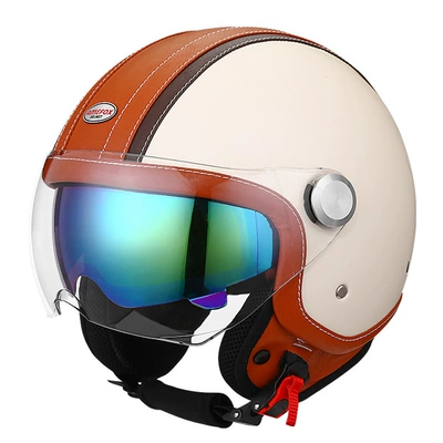 3C certification helmet female male double mirror bluetooth leather helmet motorcycle electric motorcycle helmet retro 3/4 half helmet (Motosiklet kaskı (dəbilqə)) - brown-white-outer-short-inner-color-m