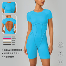 欧美立体露背短袖性感瑜伽服连体衣速干紧身提臀运动健身连体长裤
