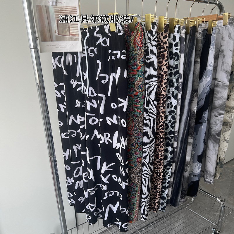 Nueva pintura de tinta china, pantalones anchos de seda de hielo y nieve, pantalones de pierna ancha delgados de verano para niños, cintura alta, pantalones de pierna recta casuales delgados