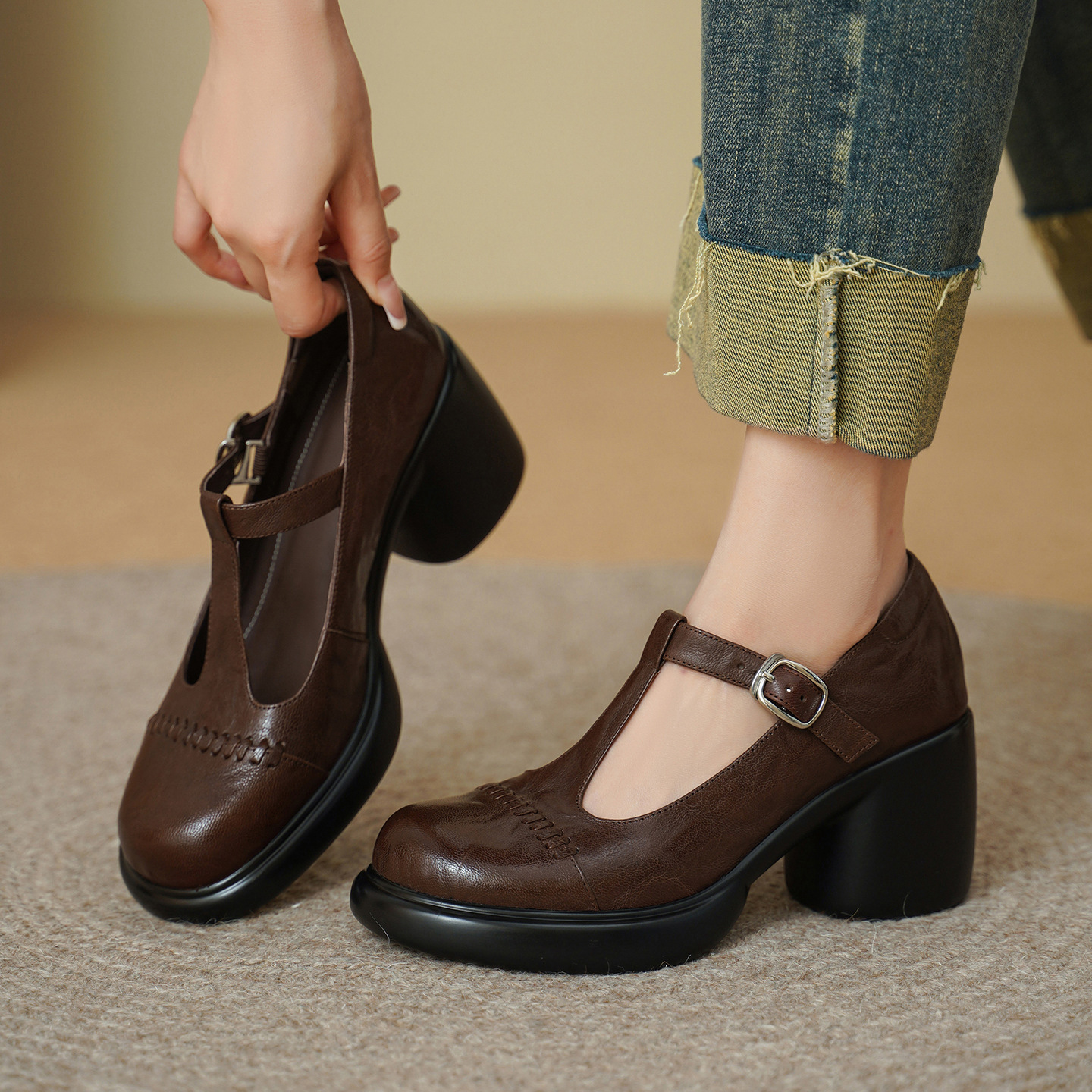 Giày Mary Jane nữ đế dày gót thô 8 cm da dê quai ngang khóa — màu nâu