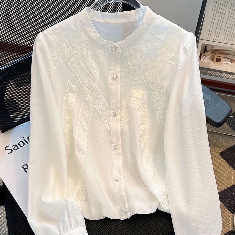 French-style white shirt for women, high-end, spring 2026 new model, super stylish, lace-trimmed, long-sleeved, beautiful blouse French-style white shirt for women, high-end, spring 2026 new model, super stylish, lace-trimmed, long-sleeved, beautiful blouse