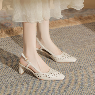 Jingang Ym60101 High-Heeled Fashion Sandals for Outer Wear 2025 New Summer Square Toe Thick Heel Versatile Medium-Heeled Women's Shoes