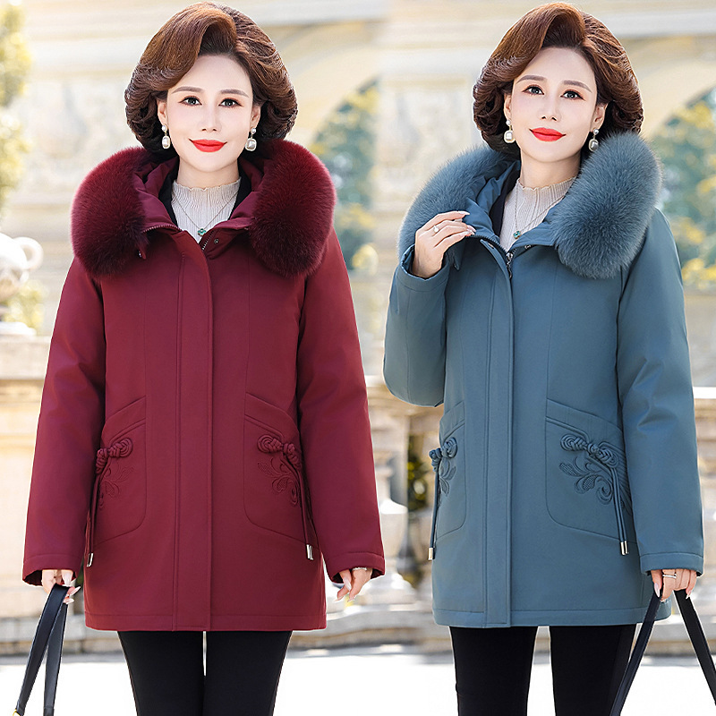 High-End Fox Fur Collar down Jacket for Middle-Aged Mothers, Warm down Coat with Live Lining and Outer Surface