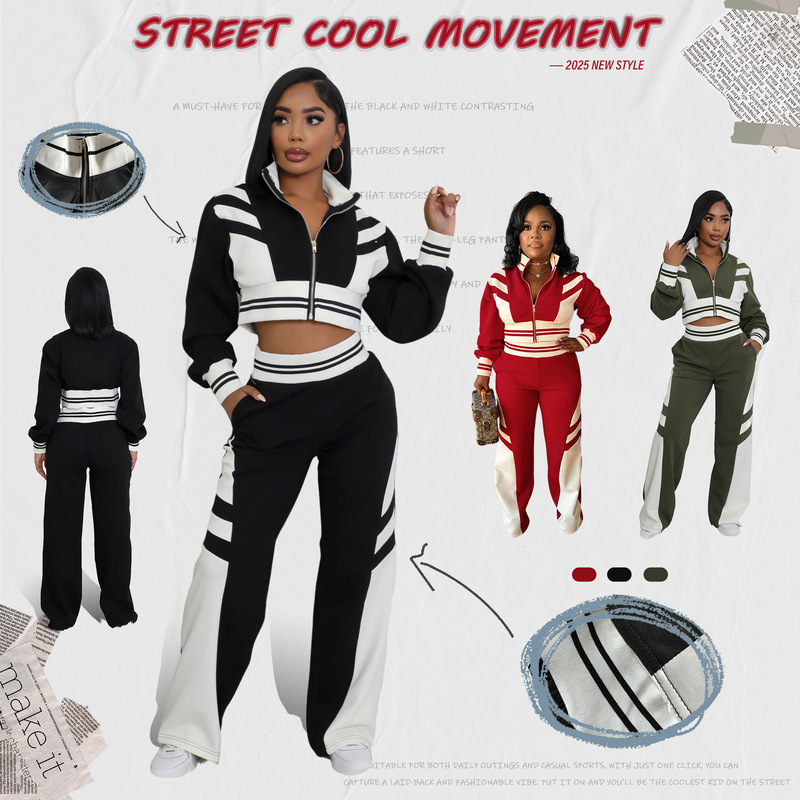 M3066 European and American Cross-border Women's Clothing Autumn and Winter New High Collar Zipper Top Two-piece Set Spliced Color Trousers suit Women