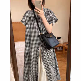 日系黑白格子衬衫裙连衣裙女夏季宽松松弛文艺裙子