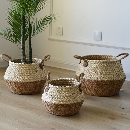 Woven vegetable decorative straw corn rope storage basket dirty clothes basket storage basket floor-standing bamboo basket sundries storage basket