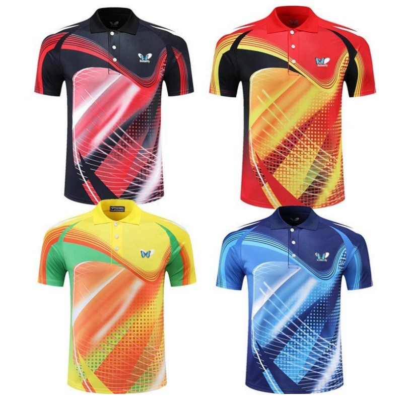 Оптовая продажа новых спортивных футболок для настольного тенниса с коротким рукавом для мужчин и женщин, детской быстросохнущей тренировочной одежды, командной формы для соревнований с печатью.