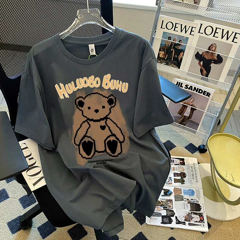 Хлопок с короткими рукавами тяжелая футболка женская летняя одежда новая корейская свободная американская ретро тонкая рубашка с половиной рукава