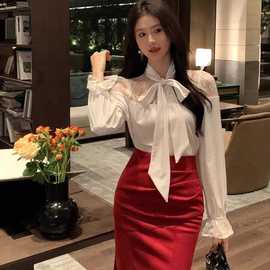 韩版高级感减龄蕾丝气质复古丝绒上衣女秋冬新款法式小众设计衬衫