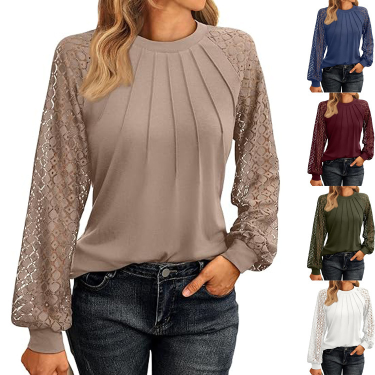 2024 Autumn New Cross-Border European and American Women's Long Sleeve Shirt Lace Top Casual Autumn Knitted Shirt