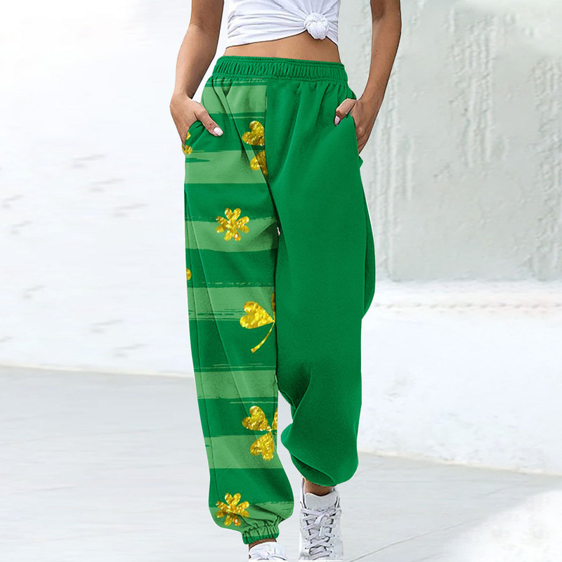 2024 New Fashion Trend Hot Selling Sports and Casual Early Spring Green Clover Printed Sports Pants Ml1