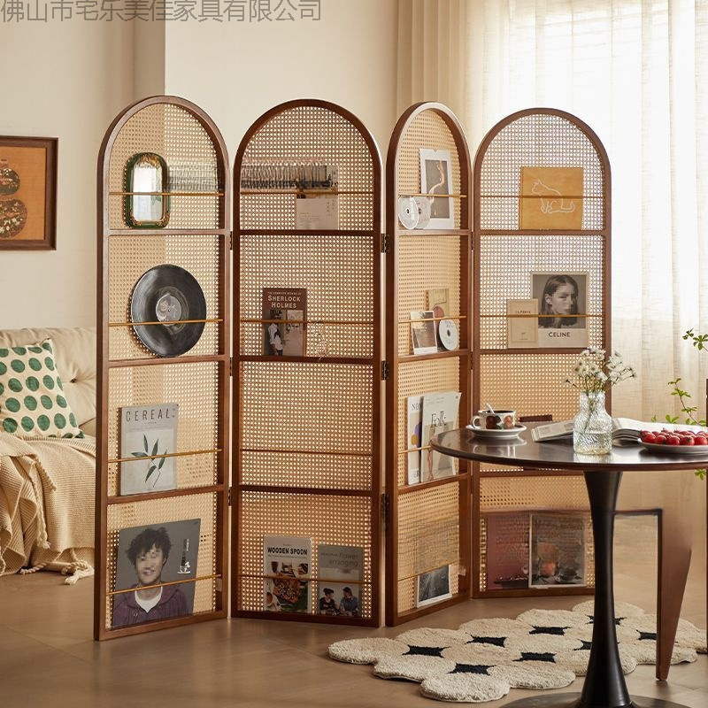 Nordic Style Rattan Screen Partition Art Shelf Electroplated Wood Movable Extendable Living Room Space Divider