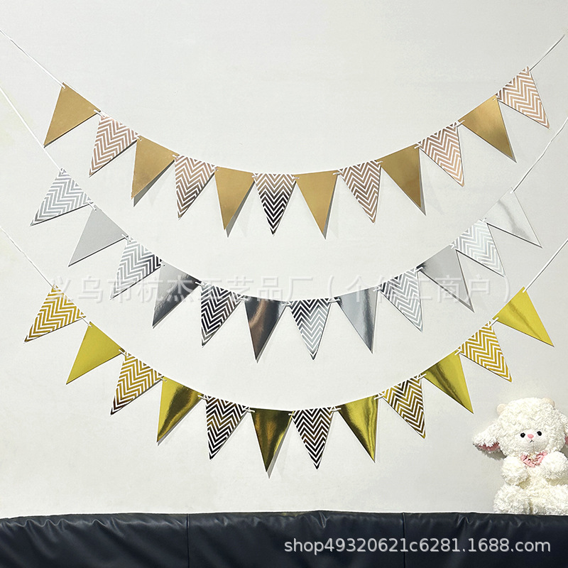 Wholesale Hot Stamping Pennant Wave Flag Birthday Party Supplies Atmosphere Decoration Gold and Silver Pink Blue Pennant Banner