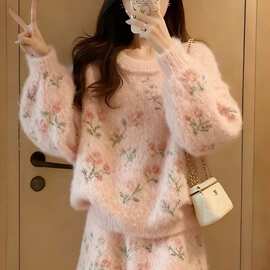 冬装穿搭一整套2026超火漂亮氛围感粉色针织衫毛衣裙子两件套